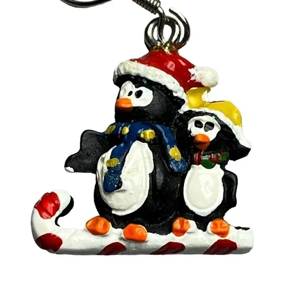 Vintage Christmas Winter Penguin Hook Earrings Santa Hat Candy Cane Sled - Picture 3 of 3